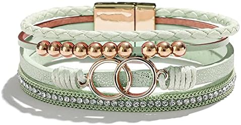 Long tiantian Boho Leather Wrap Bracelet for Women Infinity Beaded Bracelets with Clasp Stackable Leather Cuff Bangle Bracelet(green)