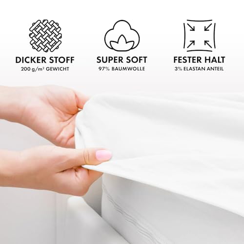 Jacobson Premium Spannbettlaken 200 g/m² Jersey Baumwolle mit Elasthan (140x200-160x200 cm, Weiß) – Ansicht 2