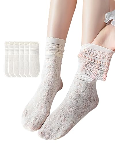 Image of Womens Lace Ankle Socks Mesh Lace Loose Socks Cute Casual Solid Color Princess Socks Sheer Dress Socks 6 Pairs 4-9