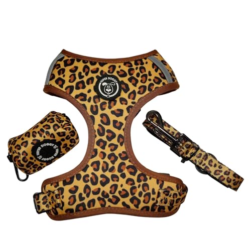SUPER DOGGY Kit Pettorina Anti-trazione per Cani - Guinzaglio e Porta Borsa, Traspirantedi Piccola e Media Taglia, Pettorina e Guinzaglio da Passeggio (Leopard, M (7-11 KG))