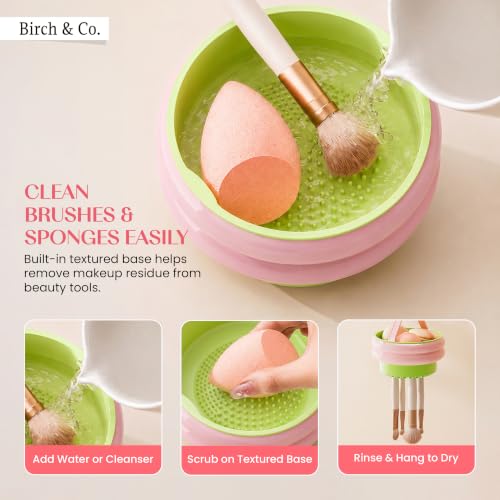 Image of Birch & Co. 4-in-1 Makeup Brush Holder Organizer with Dustproof Lid,Silicon Brush Cleaning Mat & Hanging Drying Rack, Portable Makeup Organisers Case for Sponges, Puffs & Brushes, Pink & Green