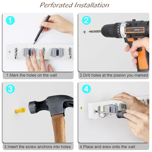 Image of OUTNILI 2 Pack White Mop Broom Holder Wall Mount with 3 Slots & 4 Hooks - Rustic Wood Broom Mop Hanger for Pantry Kitchen Organization - Garden Tool Organizer for Closet Laundry Room
