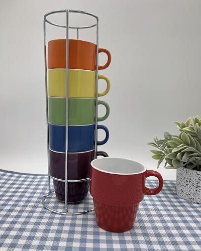 Image of gypsy color 8 oz Americano Stacking Mug Set with Metal Stand, Set of 6