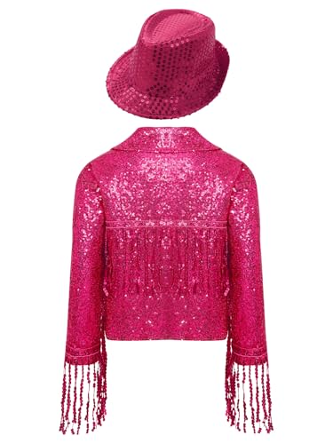Kids Girls Jazz Hip Hop Dance Outfit Sequin Tassel Jacket Sparkly Long Sleeve Fringe Coat with Hat for Party4