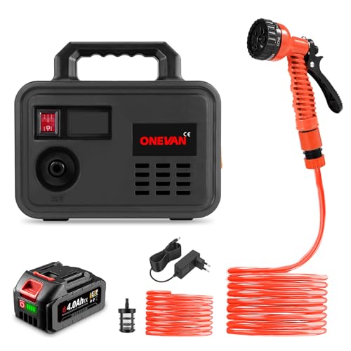 ONEVAN Akku Wasserpumpe mit 4000mAh Akku, 15L/min Elektrische Gartenpumpe Abpumpen Wasserpumpe mit Wasserschlauch, Filter und 7-in-1 Sprinklerkopf
