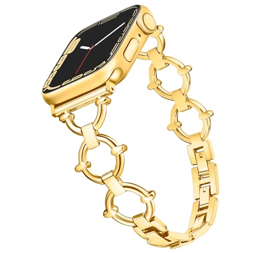 G-ficu O-Shaped Metal Band for Apple Watch Band 46mm 45mm 44mm 49 42mm(S3) iWatch Series 11 10 9 8 7 6 SE 5 4 3 Ultra, Fancy Dressy Cute Slim Thin Bracelet for Apple Watch Bands for Women-Gold - image 1