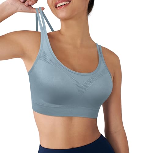 Image of WOYYHO Cross Back Sports Bra for Women Padded Medium Support Workout Bra | 3 Pack, Strappy, Removable Pads, Soft, Spaghetti Strap, Moisture-Wicking, Seamless, for Athletic Yoga Gym Fitness Daily
