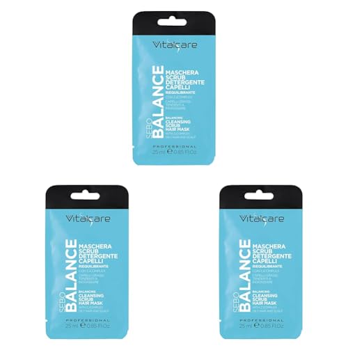 Vitalcare | Sebo Balance - Maschera Capelli 3 in 1, Maschera, Scrub e Detergente, per Capelli Grassi, Normalizza il Sebo, Bustina Monodose 25ml (Confezione da 3)