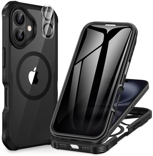 CENHUFO Magnética Antiespia Funda iPhone 16, Compatible con MagSafe Integrado Privacidad Cristal Templado Protector Pantalla y Protector cámara, 360 Grados Antigolpes Carcasa Capa Doble Case -Negro