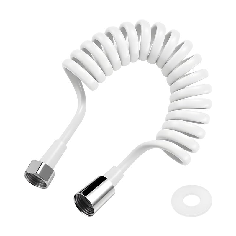 Telescopic Spring Tube Hose, 1.5m Maximum Length Flexible Shower Hose for Toilet Bidet Sprayer, Bathroom Faucet, Handheld Shower, Pet Washing, Plant Watering, Includes Plumbers Tape