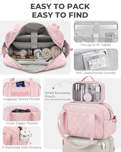 Percover Women Gym Bag with Toiletry Organizer Pouch, Quilted Workout Duffle with Compartments for Daily Fitness & Yoga, Locker-Friendly Soft Carry, Blush Pink - Image 3