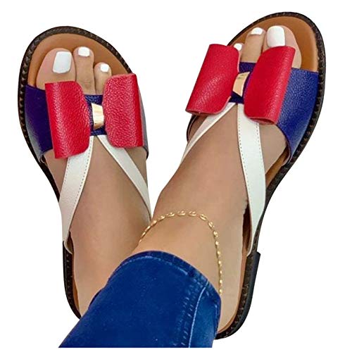 Nevera Women Womens Slip On Flat Beach Slipper Sandals Colorblock Bowknot Open Toe Slides Slipper Summer Slippers Shoes Red