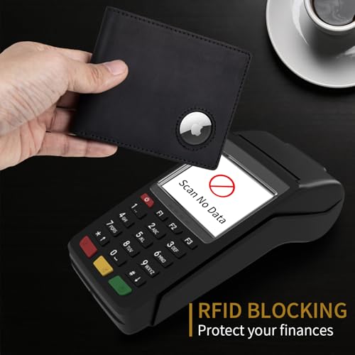 AirTag Wallet for Men, Premium Genuine Crazy Horse Leather Wallet with Air Tag Holder, RFID Blocking Bifold Full Grain Genuine Leather Wallet for Men (Black)4
