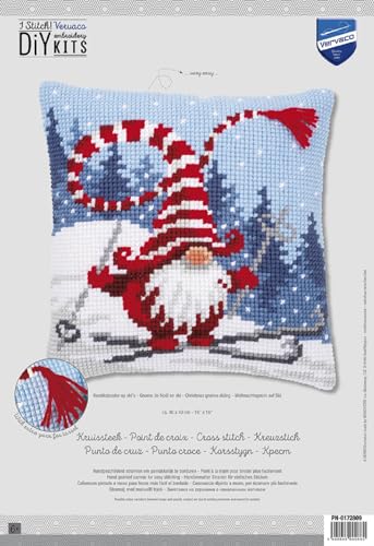 Image of Vervaco Cross Stitch Christmas Embroidery Kits Pillow Front for Self-Embroidery with Embroidery Pattern on 100% Cotton, 15,75 x 15,75 Inches - 40 x 40 cm, Christmas Gnome Hat