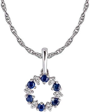 10k White Gold Genuine Sapphire and White Topaz Petite Circle Pendant Necklace