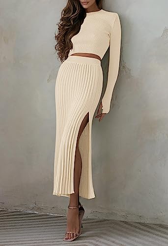 Duigluw Women 2 Piece Outfits Winter Long Sleeve Crop Top Bodycon Pleated Skirt Knit Sweater Dress Set3