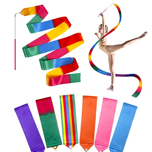 Dacitiery 6 Stück Tanzbänder Streamer Set Tanzband mit Stab Gymnastikband Schwungband Rhythmikband Rhythmische Streamer für Kinder Mädchen Ballett Twirling Kunst Tänze (2m, 6 Farben)