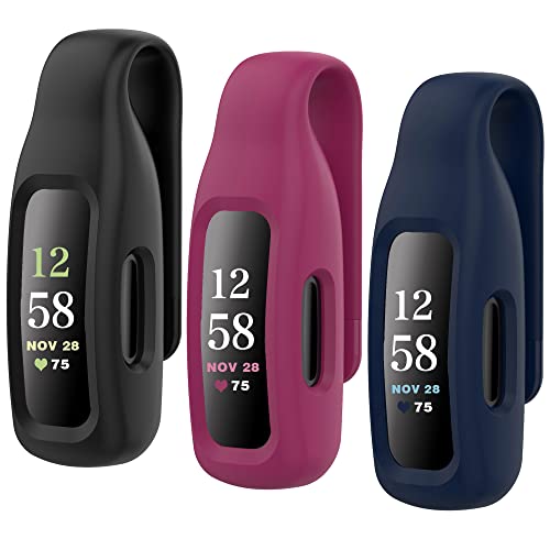 HSWAI 3-Pack Clips Replacement for Fitbit Inspire 2/Fitbit Inspire 3, Soft Comfortable Silicone Clip 360°Protection Holder Accessory Compatible with Fibit Inspire 2/3（Black/Wine Red/Slate