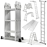 BTF Escalera Plegable de Aluminio Multiusos 12 peldaños, 7 en 1 de Aluminio con 2 Placas Metálicas | Escalera Extendida 3,5 m y Andamio (Altura de Trabajo 2,9cm), Capacidad 150kg, Certificada EN131