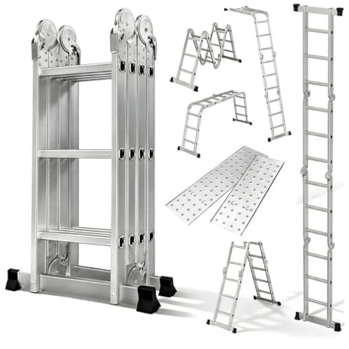 Btf Escalera Plegable De Aluminio Multiusos 12 Peldaños, 7 En 1 De Aluminio Con 2 Placas Metálicas Escalera Extendida 3,5 M Y Andamio Altura De Trabajo 2,9cm , Capacidad 150kg, Certificada En131