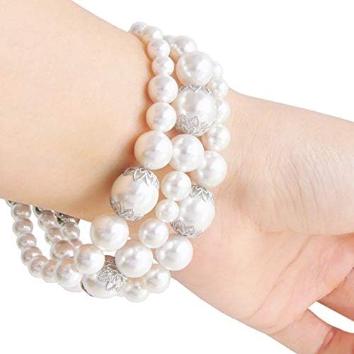 USEE TECH White Pearl Bands Compatible with Samsung Gear S2 Smartwatch Bands Exercising Elastic Stretch Handmade Jewelry Bracelet Watch Replacement Strap Wristband Wearable Watchbands Pearl Girls