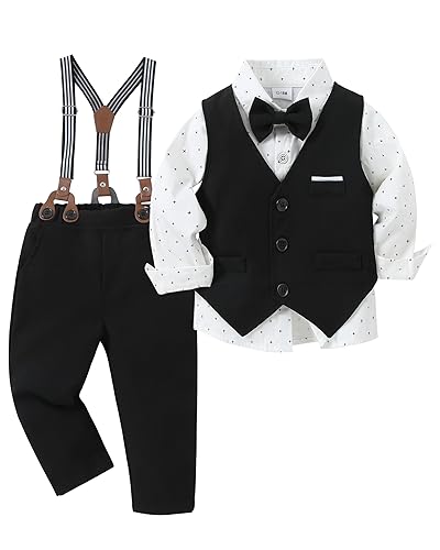 Image of ZOEREA Toddler Boy Suit Formal Wedding Outfits Gentleman Clothes Long Sleeve Shirt + Suspender Pants + Bowtie