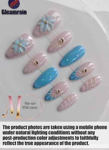 Gleamrain Almond Medium Handmade Press on Nails for Women, Handcrafted Floral Design Reusable Full Cover Fake Nail for Daily Wear Party Birthday D325 — view 2