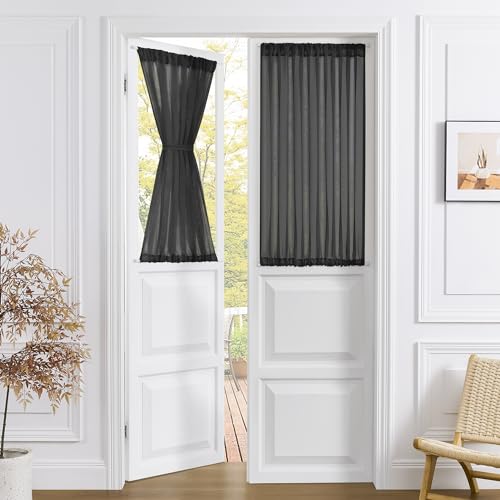 Tollpiz Sheer Door Curtains Closet Linen Textured Curtain Sheers Doorway Light Filtering Voile French Doors Rod Pocket Curtains Patio Glass Door, 54 x 63 inches Long, Black, 1 Panel