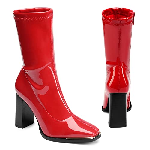 DREAM PAIRS Women's Square Toe Gogo Boots Elastic Ankle Boots High Chunky Block Heel Mid Calf Boots,Size 5,Red/Pu,SDMB2206W