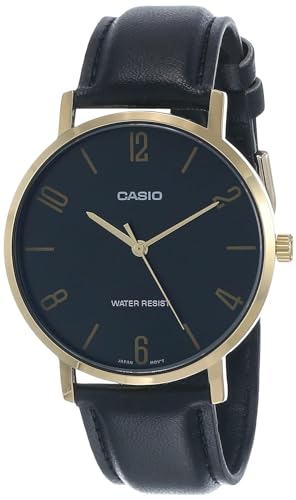 Casio MTP-VT01GL-1B2 Men's Minimalistic Gold Tone Black Leather Band Black Dial 3-Hand Analog Watch