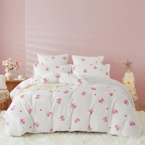 Flanell Bettwäsche 155x220 Rosa Schleifen Kawaii Winter Warm Biber Plüsch – Ansicht 1