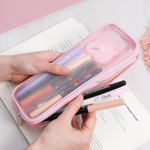 Image of 2pcs Mesh Pencil Case, Grid Pencil Pouch with Zipper Portable Pen Bag Multi-Purpose Stationery Bag Makeup Brush Bag Transparent Organizer Box for Office
