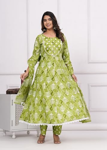 Image of Rangnavi Women's Floral Print Cotton Anarkali Embroidered Kurta with Palazzo and Dupatta