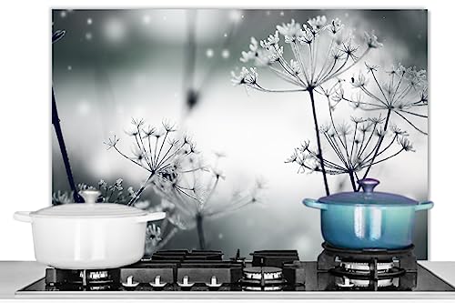 KitchenYeah© Fond de Hotte 90x60 cm Aluminium Crédence Cuisine Décoration Murale Crédence Plaque de Cuisson Anti Projection Fleurs - Nature - Noir et Blanc...