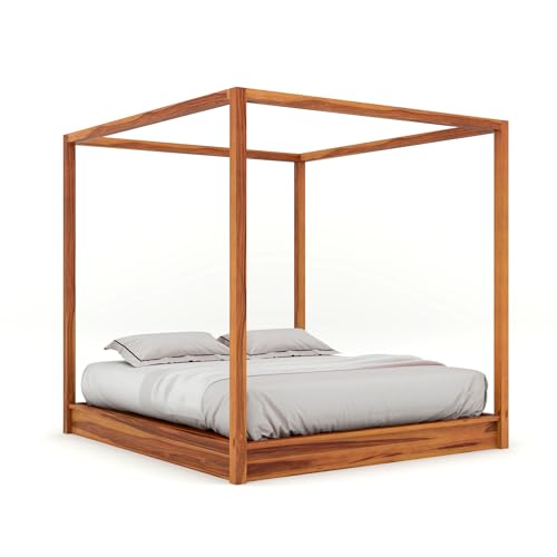 Image of Sheesham Solid Wood Poster Capital Bed for Home| Beautiful Bedroom (Honey, Queen)