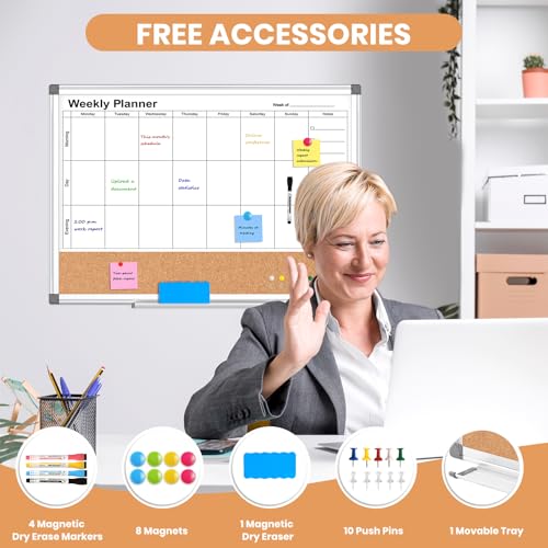 Weekly Dry Erase Calendar Whiteboard for Wall, 24" x 18" Cork Week Planner by WALGLASS - Image 3