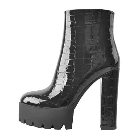 MissHeel Ankle Boots for Women Round Toe Square Heels Zip-up Stone Pattern Booties Black Size 7 Cover