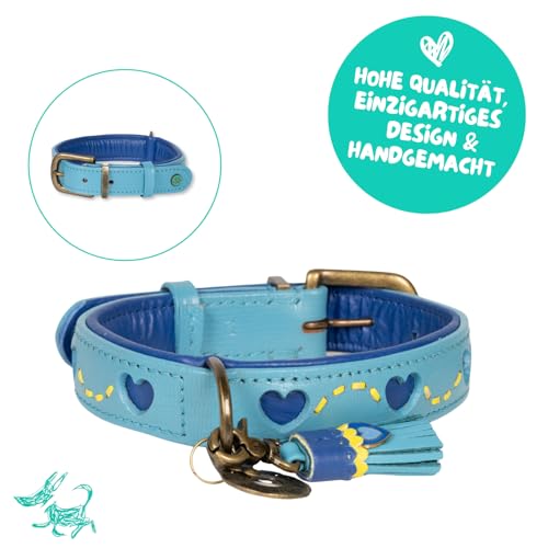 Dog with a Mission - Hundehalsband S | Sky | Blau mit Herzen | Boho und Hippie | Ideal für mittelgroße Hunde | Handgemacht | Modisch und Bunt | Aus weichem Echtes Leder | 2,5 cm Breit