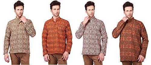 Image of Men's Cotton Om Printed Full Sleeves Short Orange and Blue Color Kurtas Combo Set of 2 (Tow)