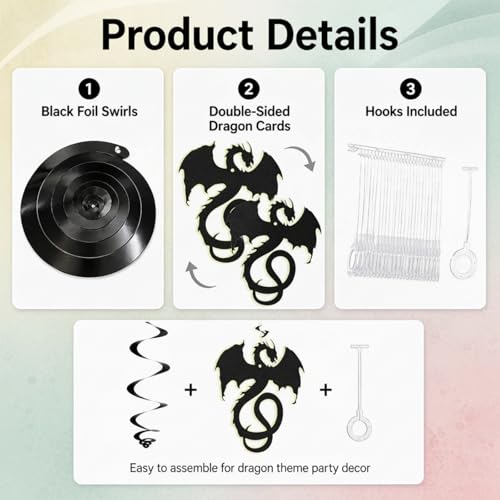 Image of Sumind 30 Pcs Dragon Hanging Swirls Party Decorations, Black Dragon Ceiling Hanging Decor for Medieval Fantasy Themed Birthday Party Supplies, 10 Designs