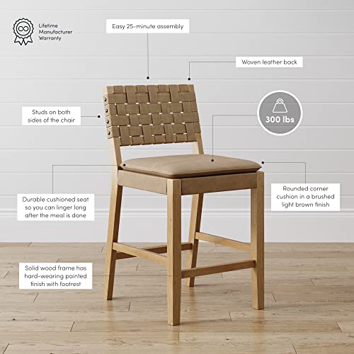 Nathan James Cohen Mid-Century Modern Leather Bar Stool, Counter Height Chair In Solid Wood Frame With Footrest And Woven Leather Back For Kitchen, Natural Brown #TOP3