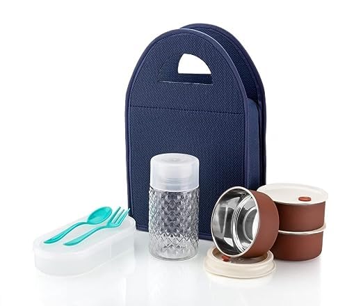 Aarti EnterpriseAarti Enterprise Tiffin Box-Lunch Box | 3 Stainless Steel Containers | Plastic lid Box | Spoon & Fork | Insulated Fabric Bag | Leak Proof | Microwave Safe | Full Meal | Easy to Carry