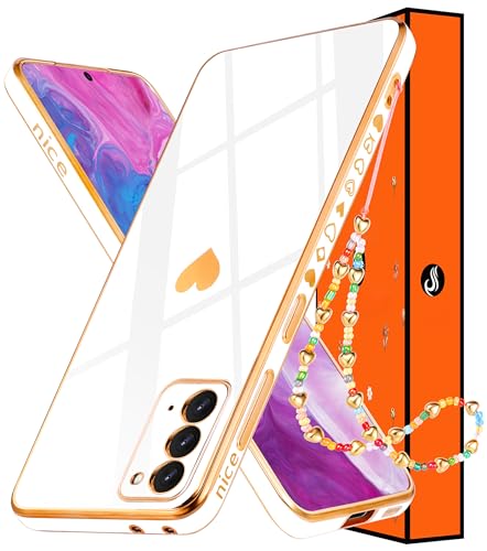 Shorogyt (3in1 Heart Case for Samsung Galaxy Note 20 5G/4G 6.7 Inch Women Cute Aesthetic Love Hearts Pattern Girls White Gold Luxury Girly Design Cases Trendy Cover+Chain for Note20 Note20 5G