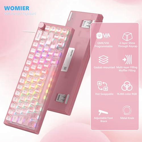 Image of Womier 60% Gaming Keyboard Pink, QMK /VIA Creamy Mechanical Keyboard Topographic, Hot Swappable Gasket Mount RGB Wired Key Board & Translucent Keycaps(VK66 PRO)