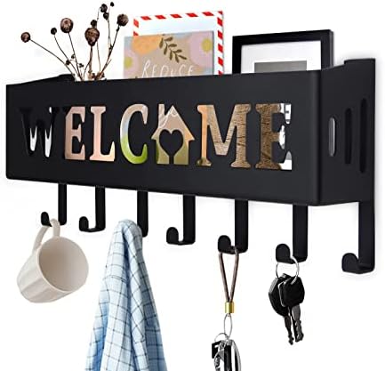 TWOWYHI Mail Organizer Wall Mount Key Holder for Wall Ornamental Black Mail Wall Holder with 7 Key Hooks for Wall Welcome Mail Organizer Key Holder for Hallway Entry Kitchen Workplace 11.02”x4.52”x1.97”