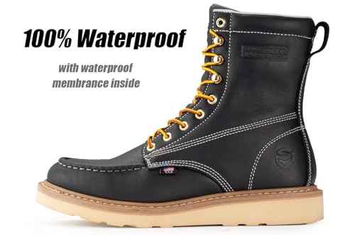 Image of SUREWAY 8in Waterproof Moc Toe Work Boots for Men Soft Toe,Premium Full Grain Leather,Safety Wedge Work Boots /Shoes,Comfort Insole,Oil /Slip Resistant,Industrial Construction Boots BLACK