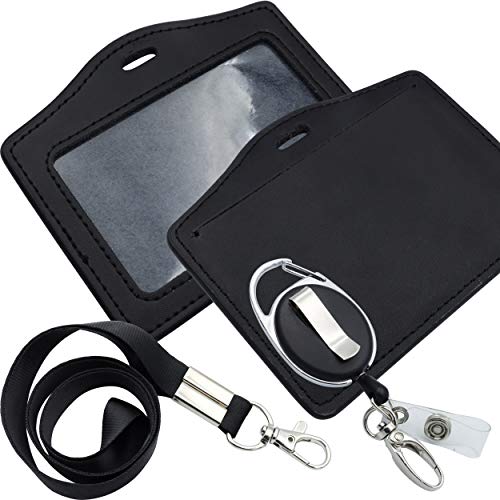 Id Card Case + Lanyard + Badge Holder Retractable Reel Carabiner And Plastic Clip (Horizontal Black) #TOP4