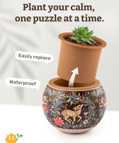 Image of PieceRelax 3D Puzzle Planter 80 Pieces - Deer Carol, for Mom, Home Decor Flower Pots for Indoor Cactus, Succulents Pots [K1130]