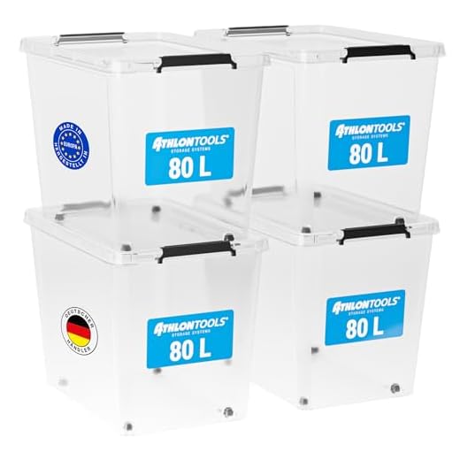 ATHLON TOOLS 4er Set 80l Aufbewahrungsboxen mit Deckel - BPA-freie & lebensmittelechte Aufbewahrungsbox mit Verschlussclips - 100% Neumaterial - Plastikbox transparent - Stapelbare Kunstoff Box