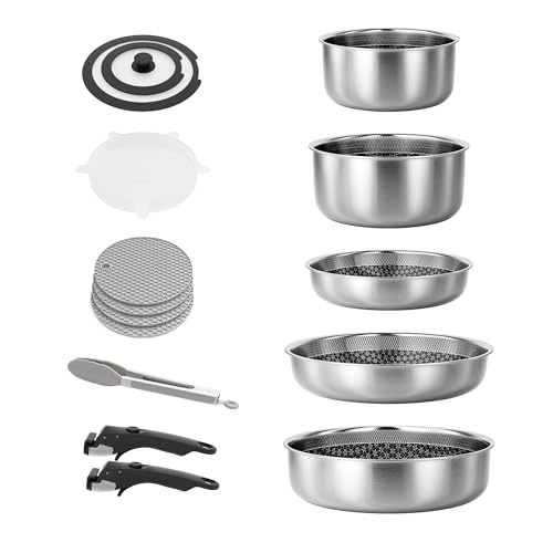 Caannasweis Detachable Nonstick Cookware Set - Stackable Induction Pots and Pans With Removable Handles, Dishwasher Safe - For RV Camping, Oven and Stovetop Use, 5 Pieces (Stainless Steel)